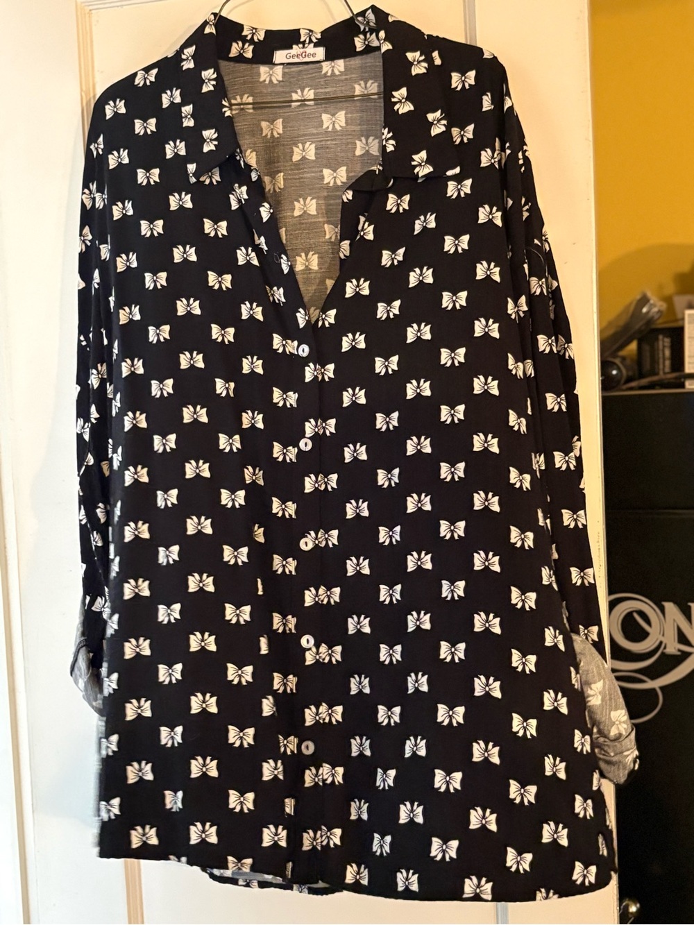 GeeGee Black Button-Down Bow Print Blouse